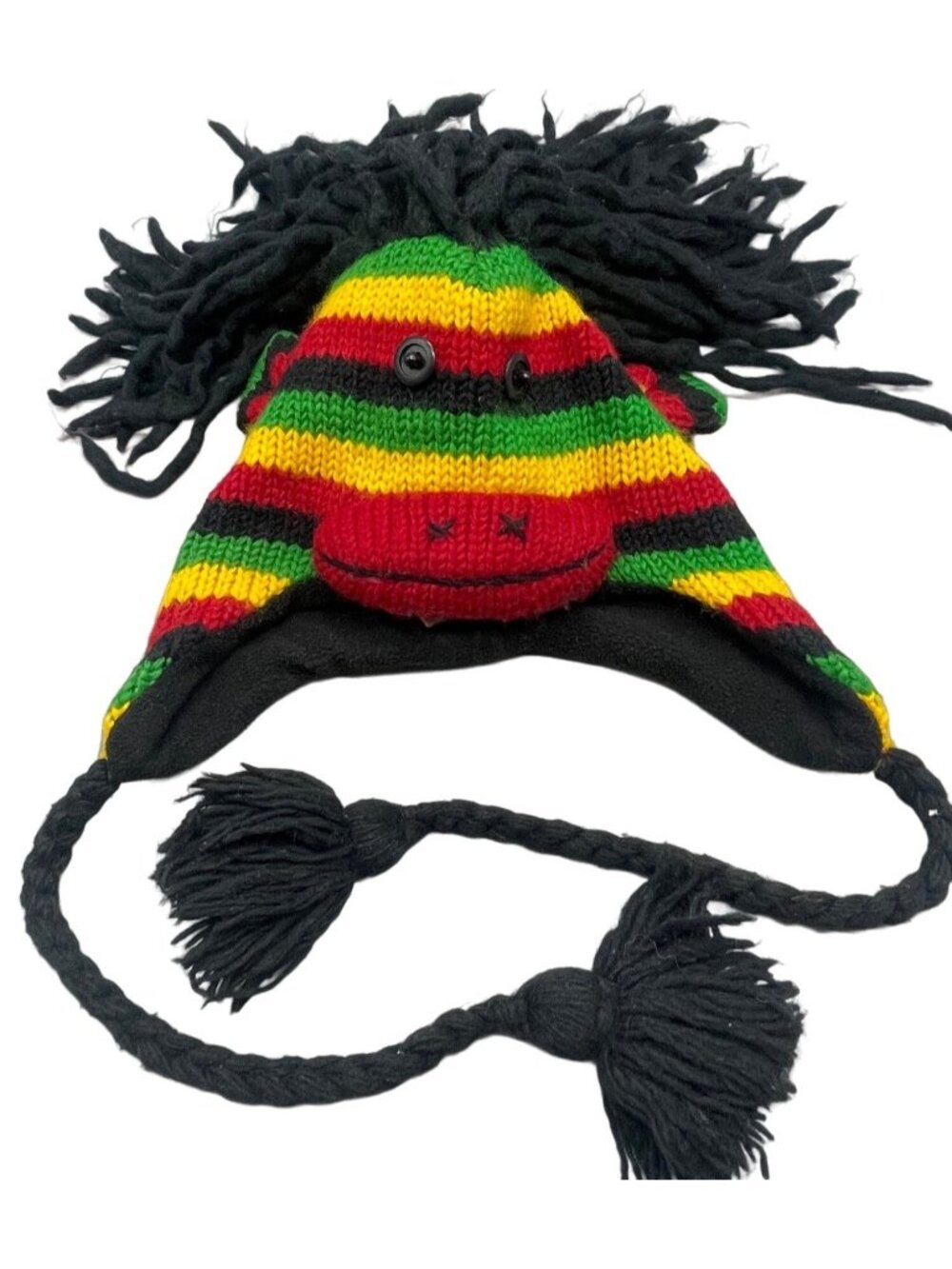 rasta mohawk monkey beanie tie fringe wool animal hat braded crazy red os READ